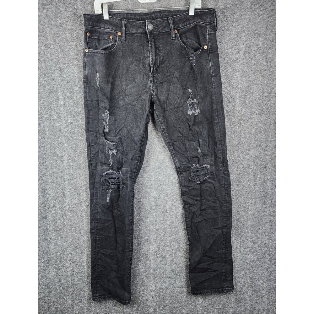American Eagle Airflex+ Jeans Women 34x30 Black Distressed Slim Ripped Denim